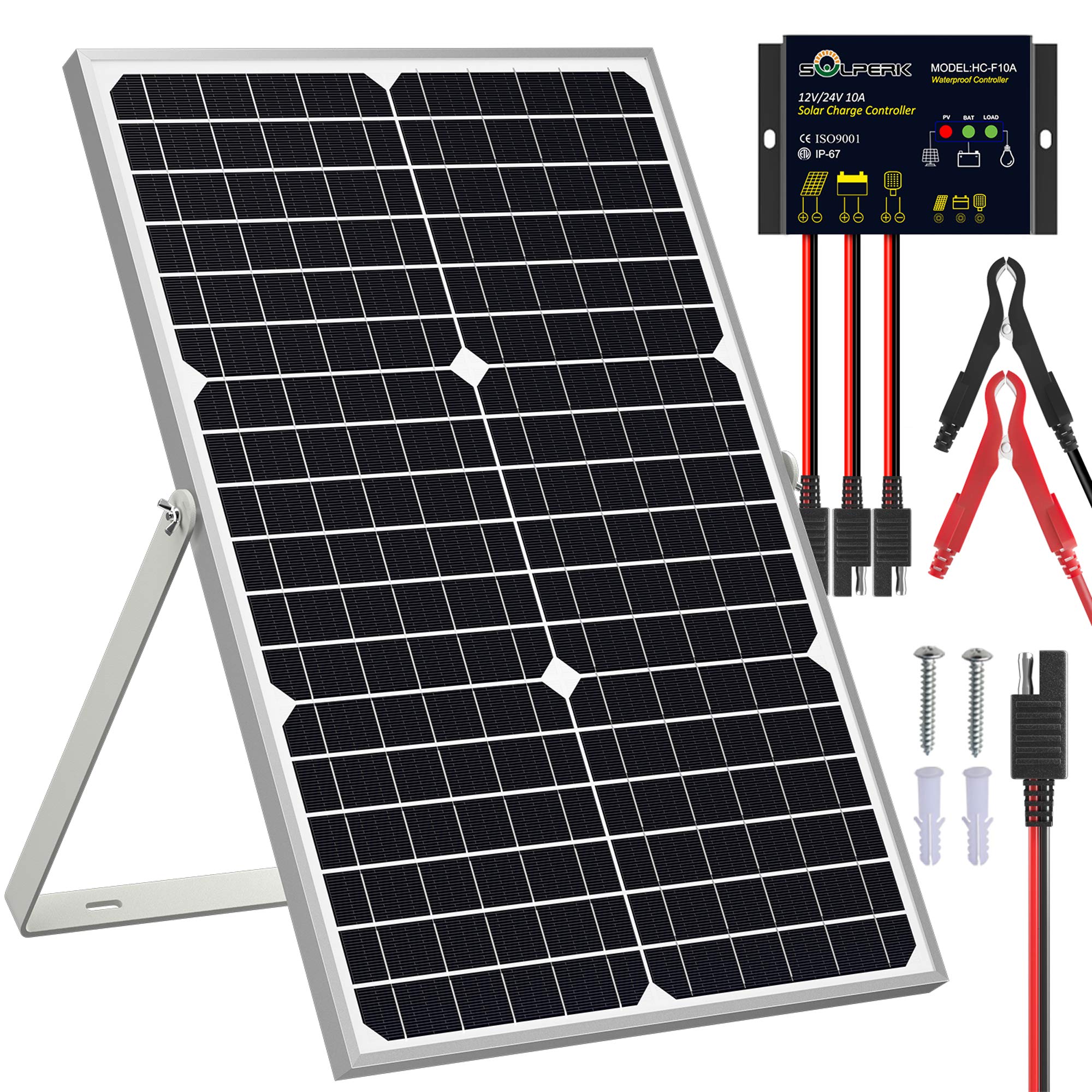 SOLPERK Solar Panel Kit 30W 12V, Solar Battery Trickle charger Maintainer + Upgrade Waterproof controller + Adjustable Mount Bra