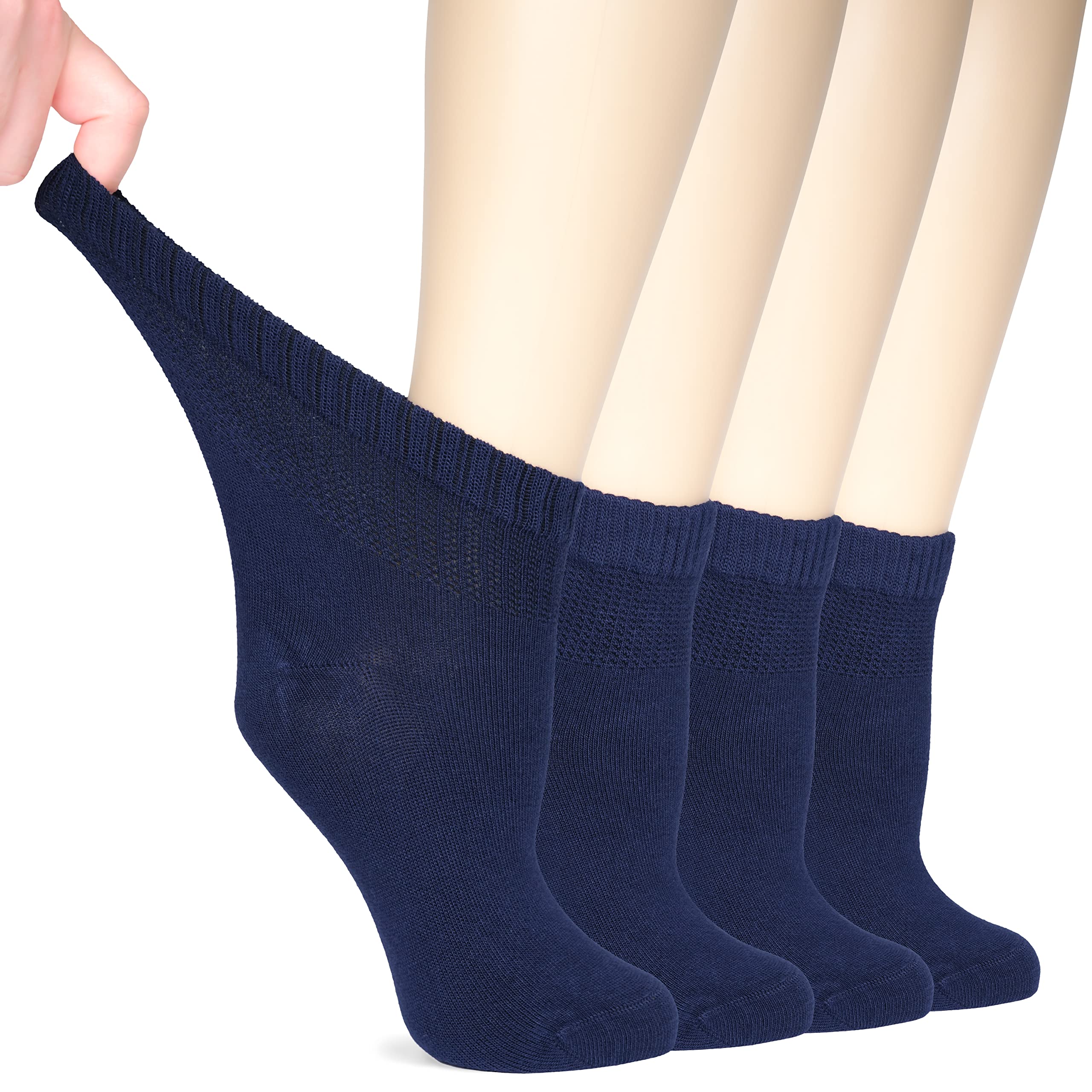 Hugh Ugoli Women Diabetic Ankle Socks, Super Soft & Thin Bamboo Socks, Wide & Loose, Non-Binding Top & Seamless Toe, 4 Pairs, Na