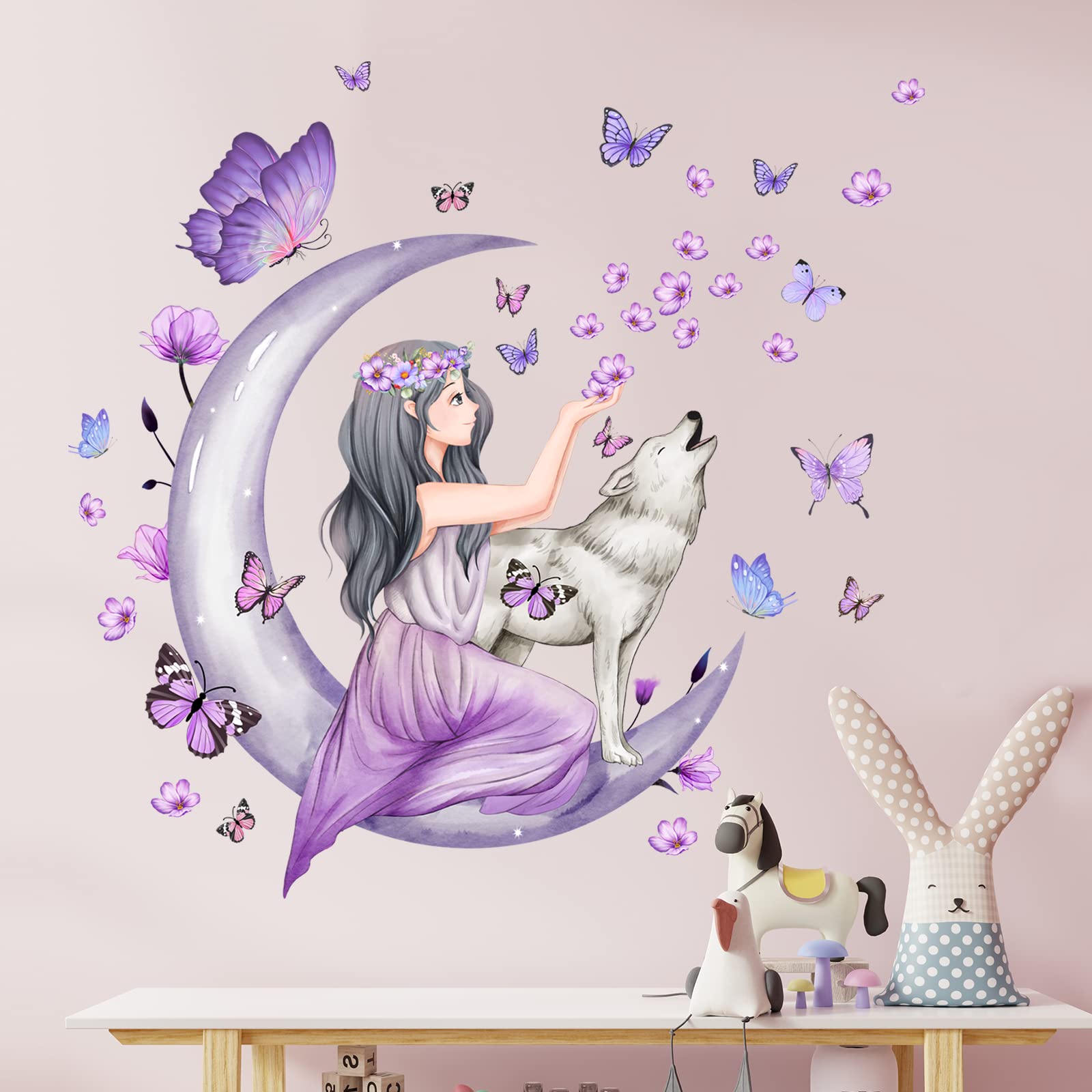 Erllsino Fairy Girl Wall Sticker Purple Butterfly Flowers Wall Decals DIY  Moon Wolf Wall Stickers Falling Floral Petals Wall Mural Remova, image size:1600x1600