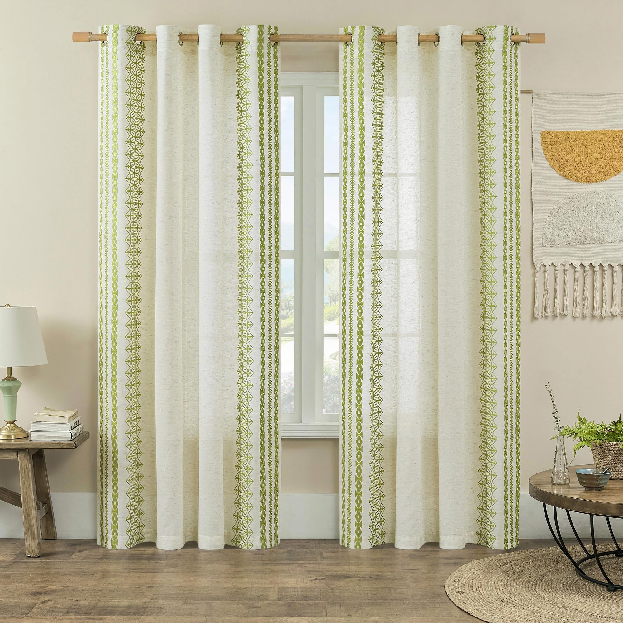 Seekright Sage Green Boho Curtains 84 Inches Long 2 Panels Grommet Linen Textured Curtains Bohemian Curtains for Living Room Bedroom Neutr, image size:2000x2000