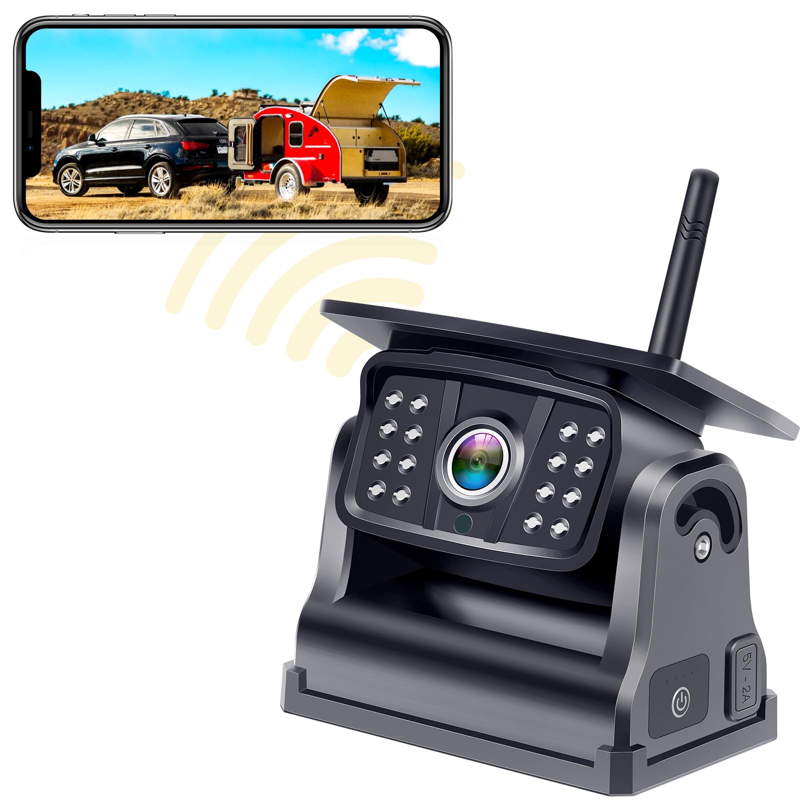 Niloghap Upgrade Wireless Solar RV Backup Camera W/ 5 Inch Monitor - Auto On/Off Night Vision Rechargeable Strong Magnetic Rear View Cameras For Vehicle Truck Tractor Trailer Camper