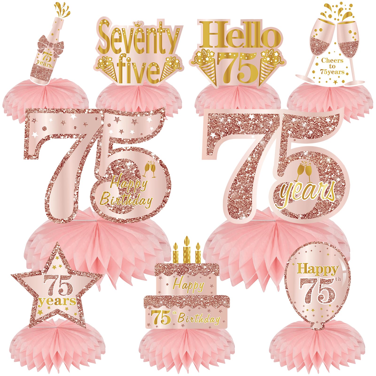 Turypaty Pink Rose Gold 75th Birthday Honeycomb Centerpieces Decorations  for Women, 9Pcs Rose Gold Happy 75th Birthday Table Cen, image size:1601x1601