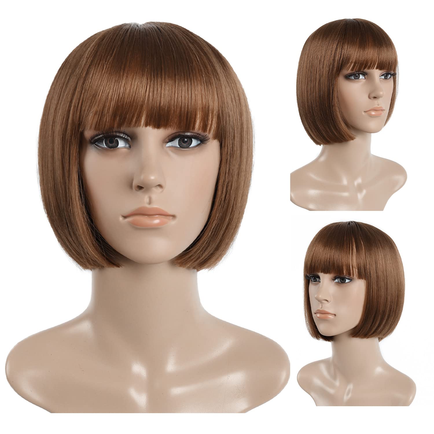 NWT 10” rich dark brown dinky wig straight spiky bangs side fall bob style Dark Brown Highlight Synthetic Bob Wig with Bangs Short  main image 2