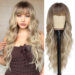 NAYOO Long Dirty Blonde Wigs with Bangs for Women Curly Wavy