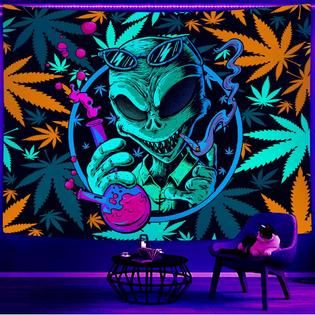 Wathon Blacklight Trippy Weed Marijuana Tapestry UV Reactive