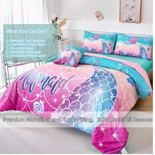 RYNGHIPY Kids Girls Comforter Set 6Pcs Mermaid Bed in a Bag Twin