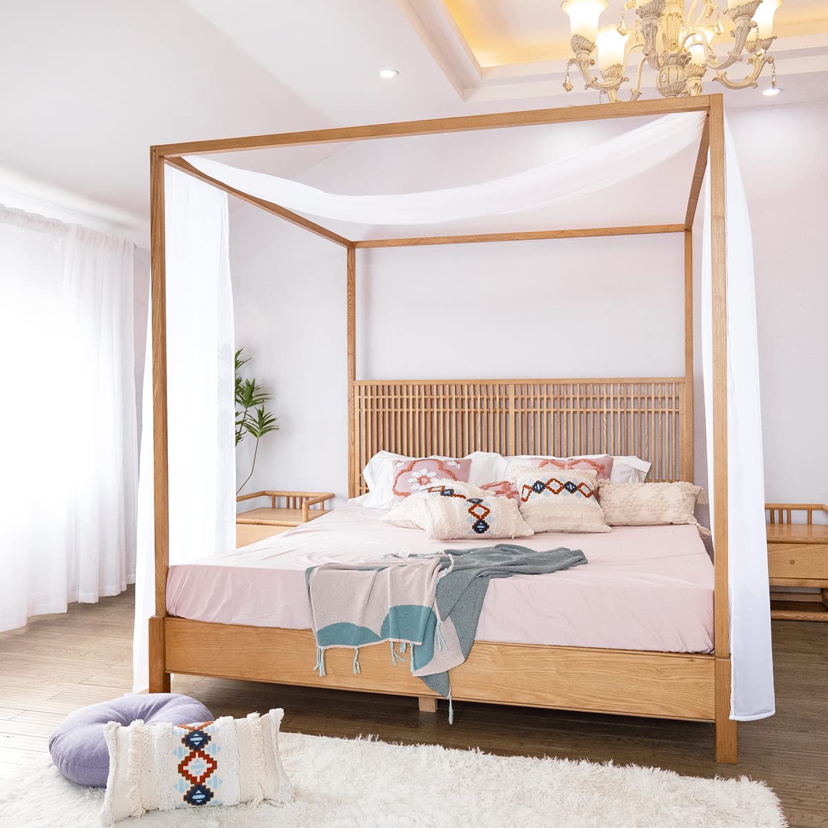 Linentalks White Canopy Bed Scarf for Queen Full Bed Luxury Queen