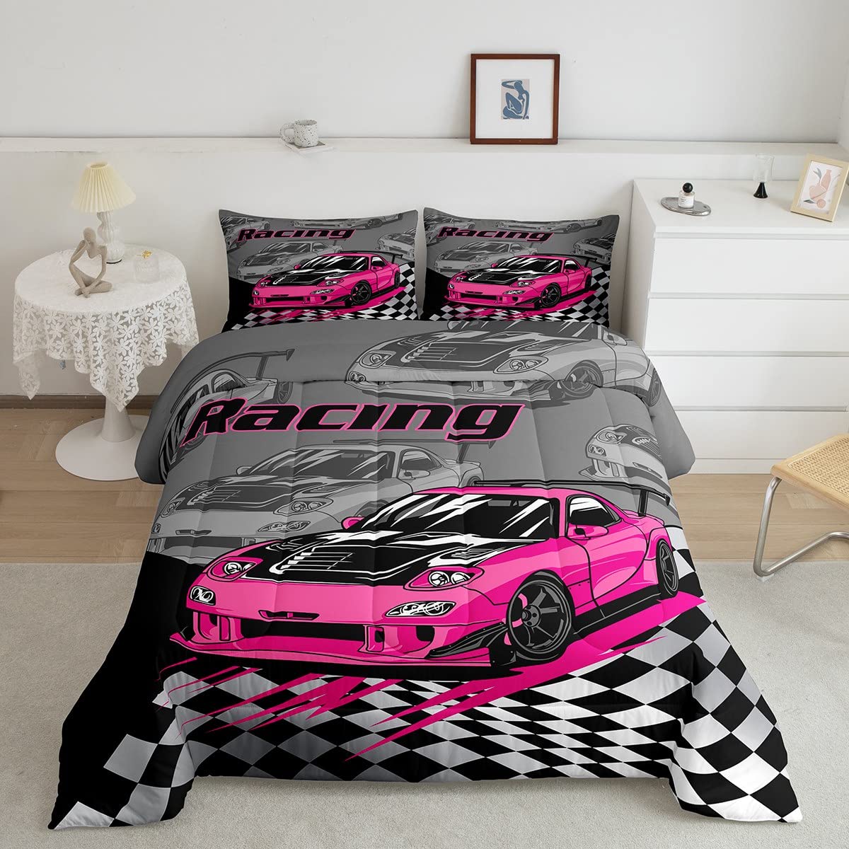 ManFei Pink Race Car Kids Comforter Set Twin SizeRacing Flag Black