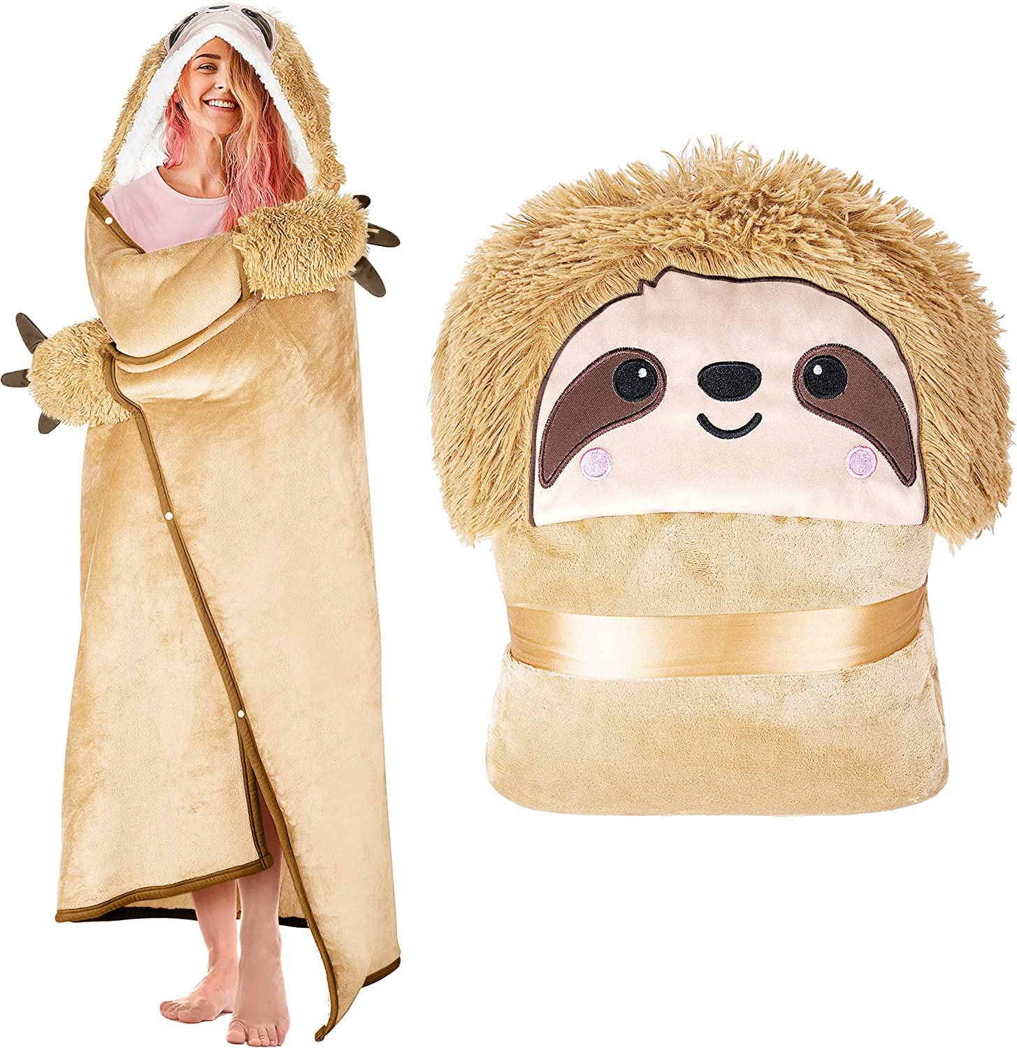 HAPPY FUEL Sloth Wearable Hooded Blanket for Adults Super Soft