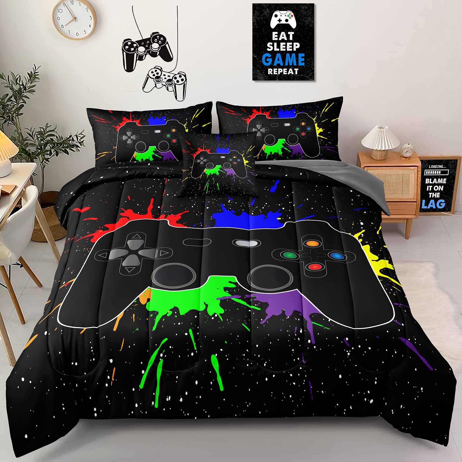 Teen Gaming Bedding Set Queen Size - Video Game Controller Sheet Set 4pcs, Deep Pocket Fitted Sheet, Gamer Room Decor