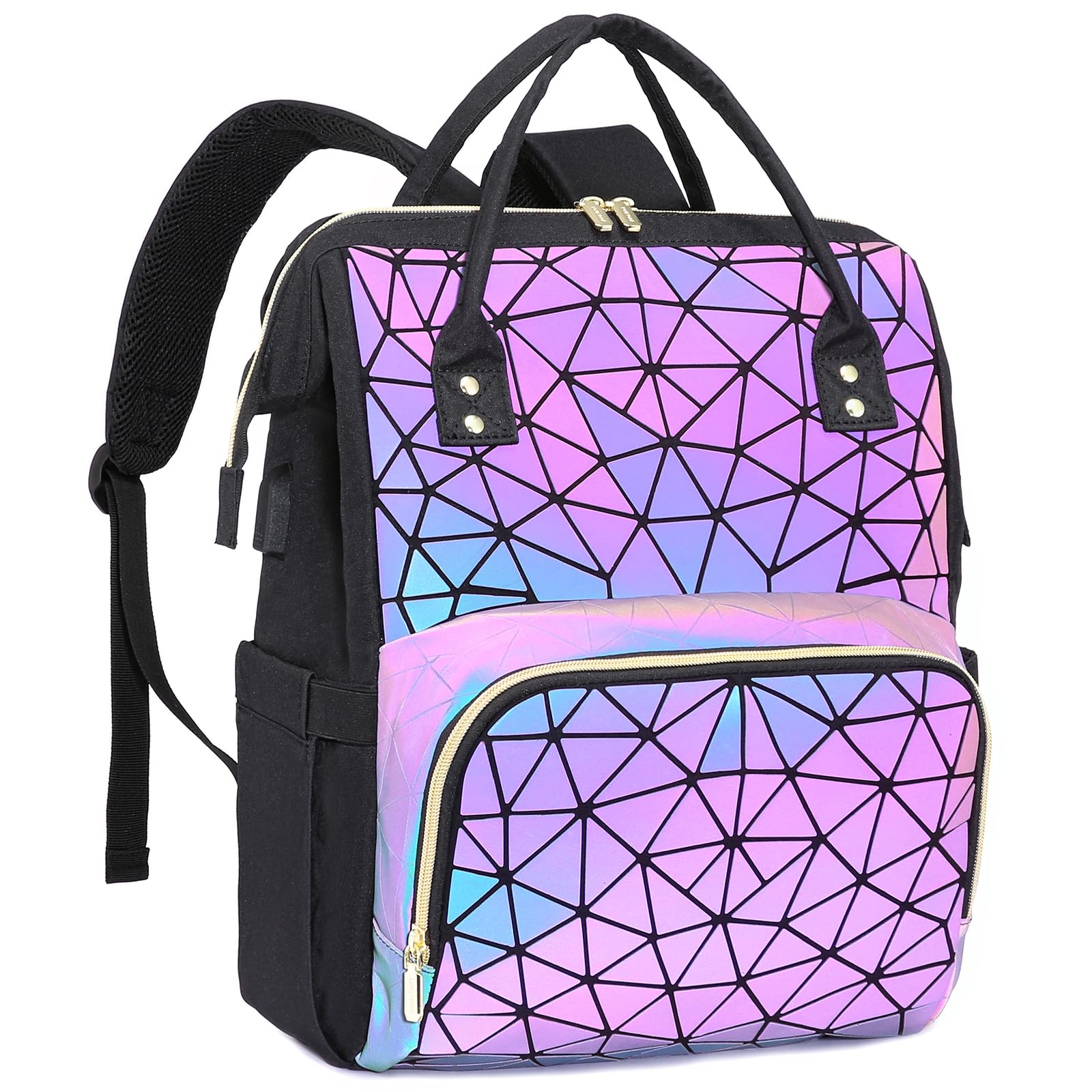 Geometric Holographic Laptop Backpack USB Port Travel Daypack Backpack-Luminous-Backpacks-  main image 4