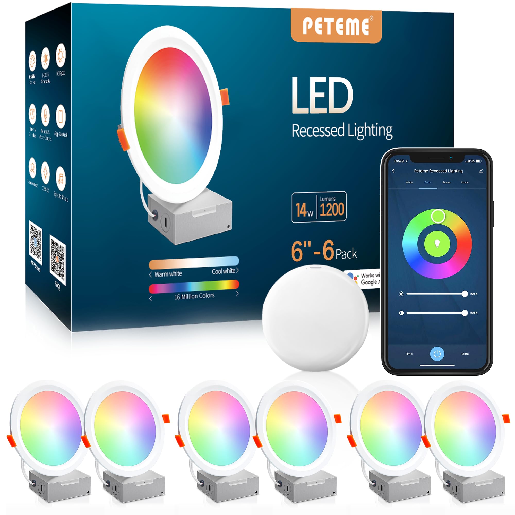 Peteme Smart LED Recessed Lighting Inch, IC Rated ETL