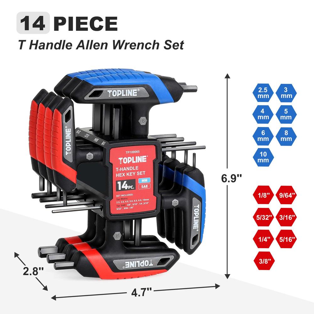 Portable Allen Key Topline 14-Piece T-Handle Hex Key Set, Metric&SAE, Long Arm Hex Keys ...