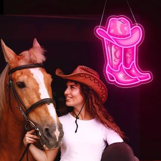 ZLOOREE Cowboy Boot with Hat Neon Signs for Wall Decor, Led Pink
