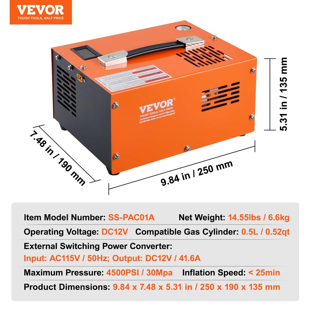 Pi Compressor VEVOR PCP Air Compressor, 4500PSI Portable PCP Compressor, 12V DC/110V ...