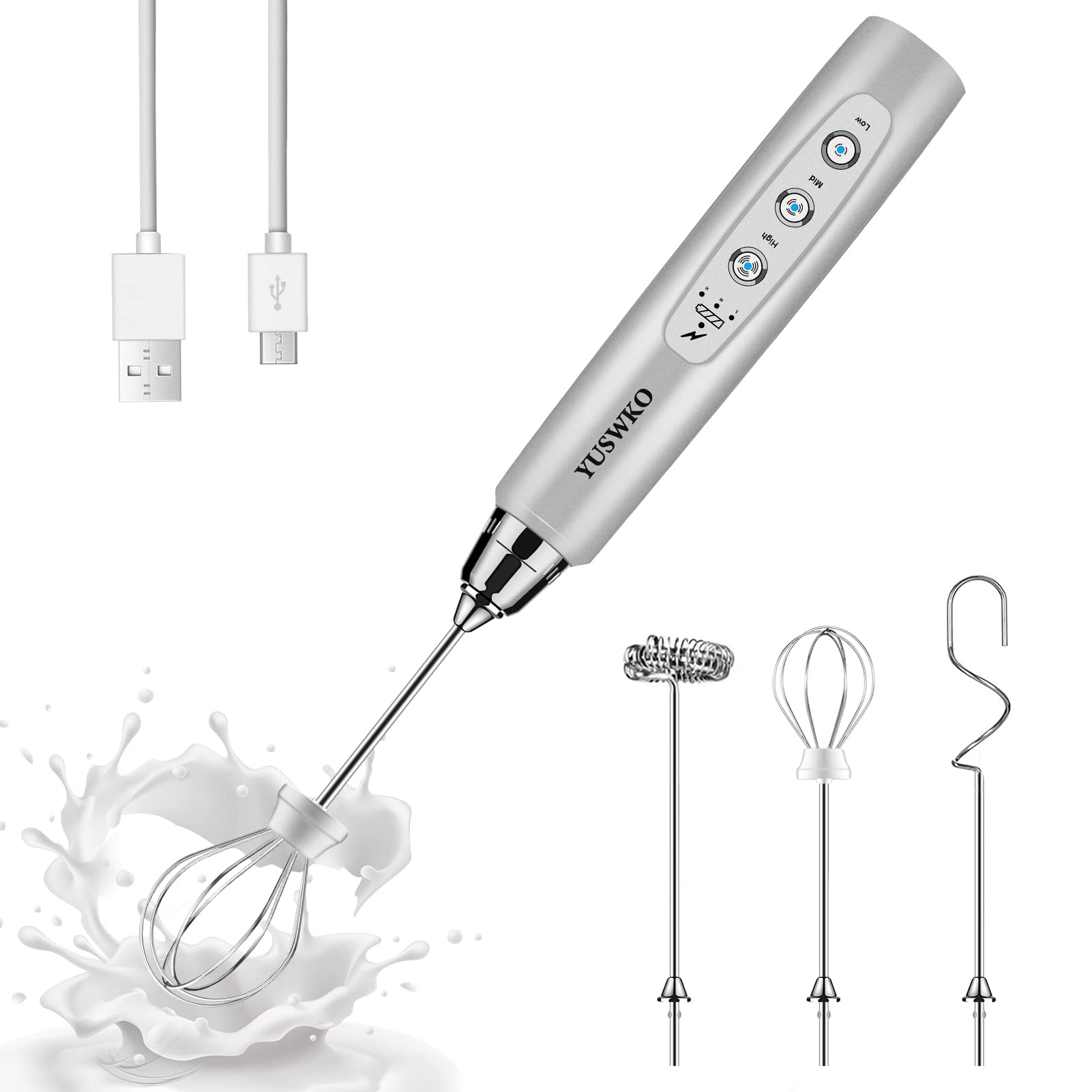 YUSWKO Rechargeable Milk Frother Handheld with 3 Heads, Silver Coffee Electric Whisk Drink Foam Mixer, Mini Hand Stirrer with 3