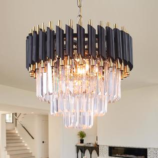 Modern Crystal Chandeliers Tiers Black And Gold Pendant Light