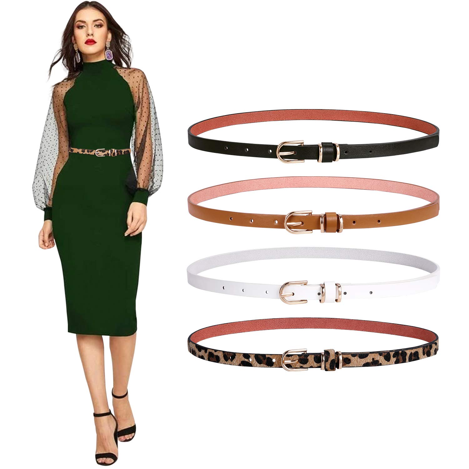 Set of 4 Womens Thin Belts SANSTHS Skinny Leather Belt with Gold Alloy Buckle SANSTHS 2 Pack Skinny Leather Belts for Women, Ladies Thin  main image 3