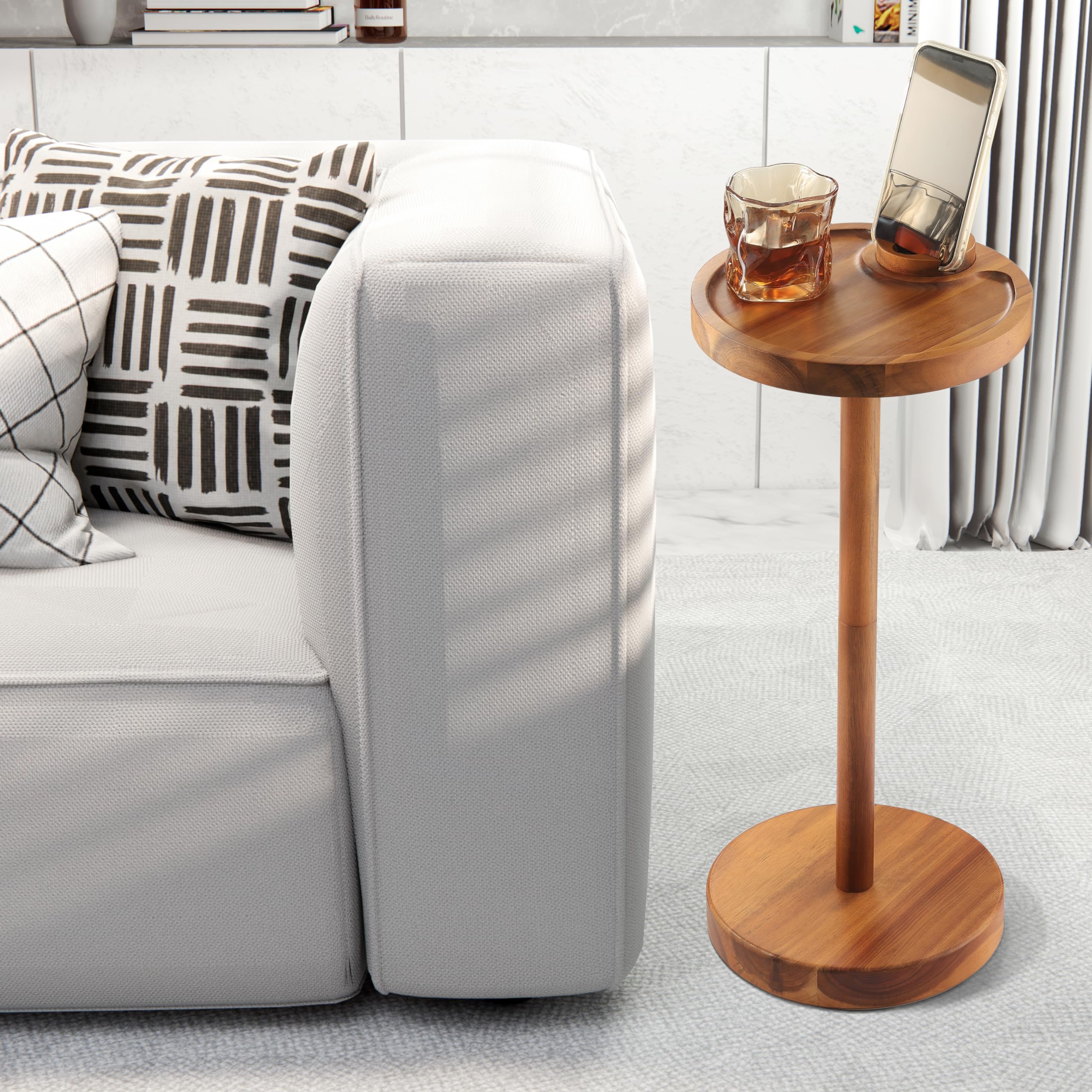 NaGaWood Pedestal Side Table Acacia Drink Table with Weighted Base