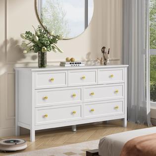 cARPETNAL CARPETNAL White Dresser for Bedroom 7 Drawer Dresser with Wide Drawers and Gold Metal Handles 55 White and Gold Dresser TV Sta cARPETNAL CARPETNAL White Dresser for Bedroom 7 Drawer Dresser with Wide Drawers and Gold Metal Handles 55 White and Gold Dresser TV Sta