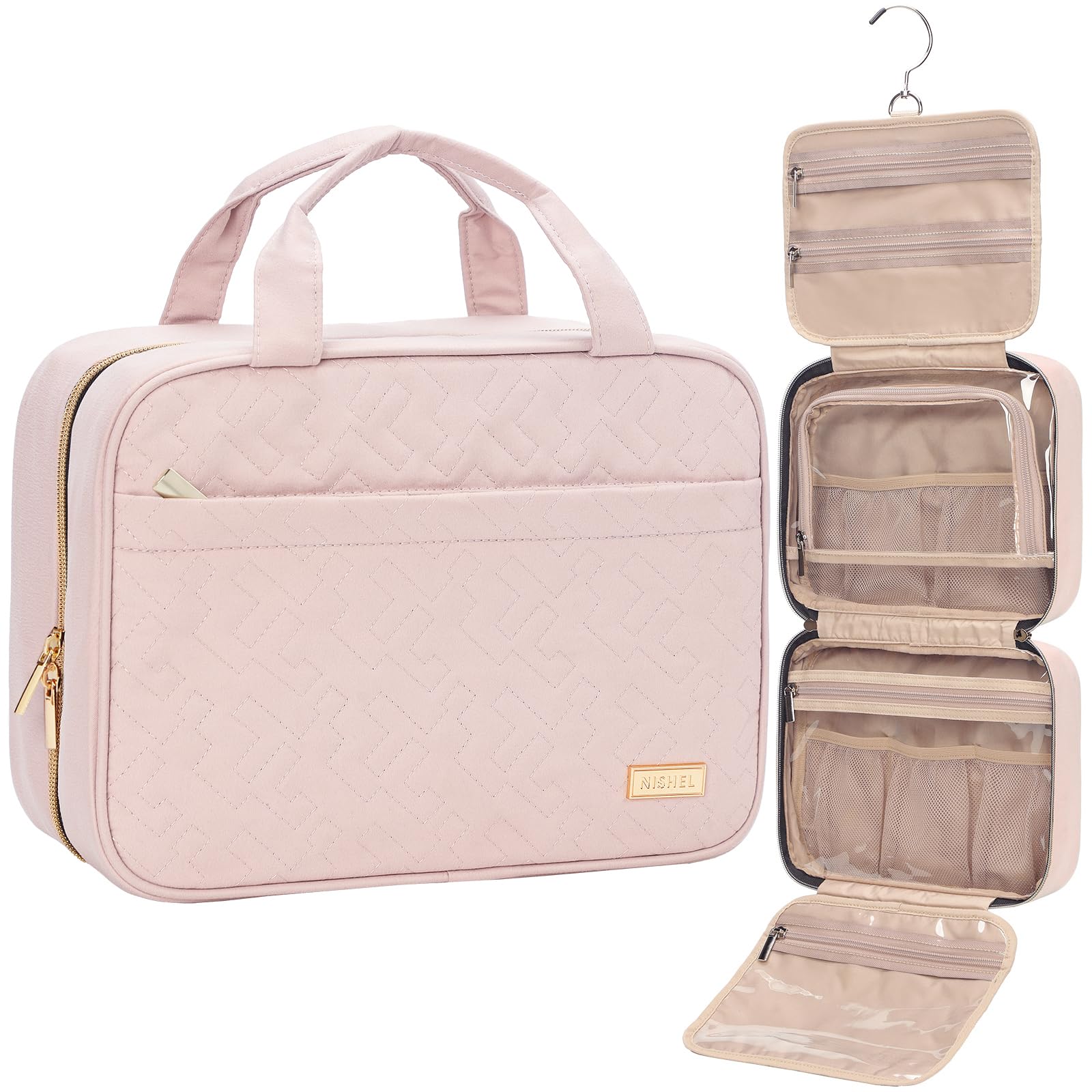 NISHEL Travel Toiletry Bag for women, Portable Hanging Organizer for Travel-Sized  Shampoo, Conditioner, Brushes Set, Travel-Size