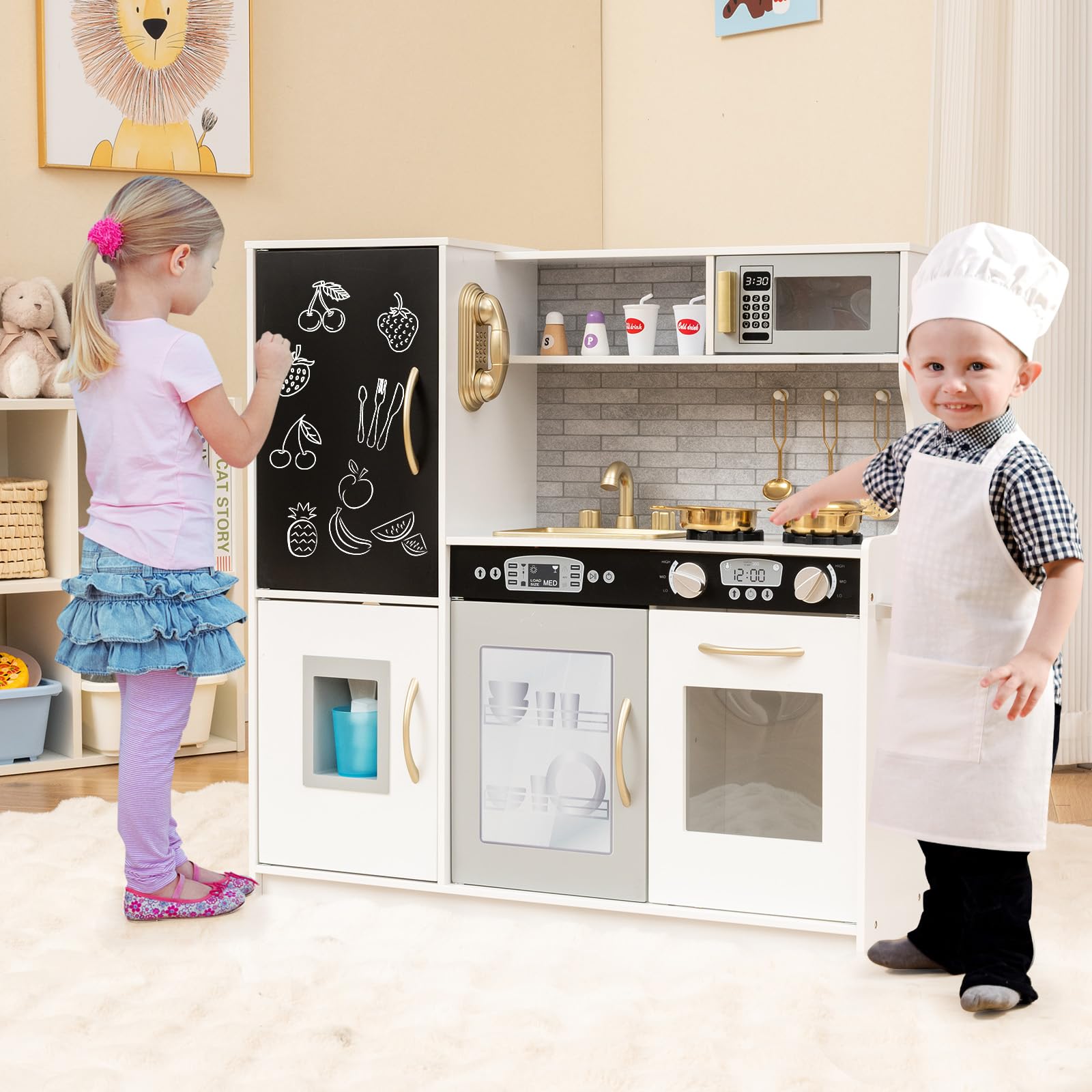 MAT EXPERT Wooden Play Kitchen For Kids With Chalkboard & Ice Maker - Educational Toy For Ages 3+