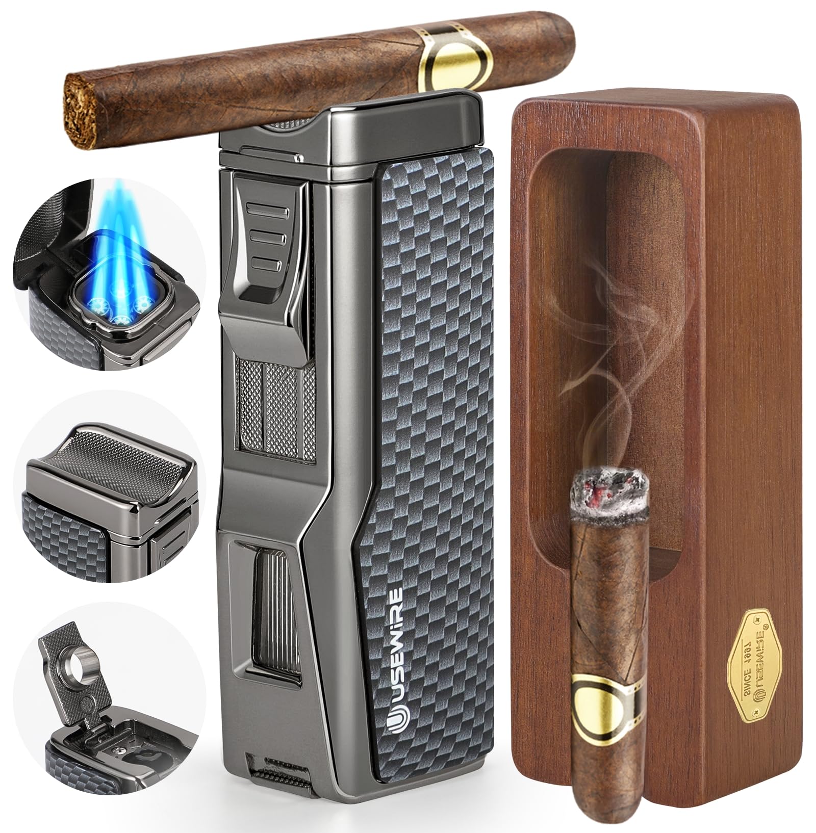 USEWIRE Cigar Lighter and Ashtray Set, Quad Windproof Jet Flame, with Cigar Holder and Cigar Punch, Refillable Butane Gas Lighte, Cigar USEWIRE Cigar Lighter and Ashtray Set, Quad Windproof Jet Flame, with Cigar Holder and Cigar Punch, Refillable Butane Gas Lighte, Cigar