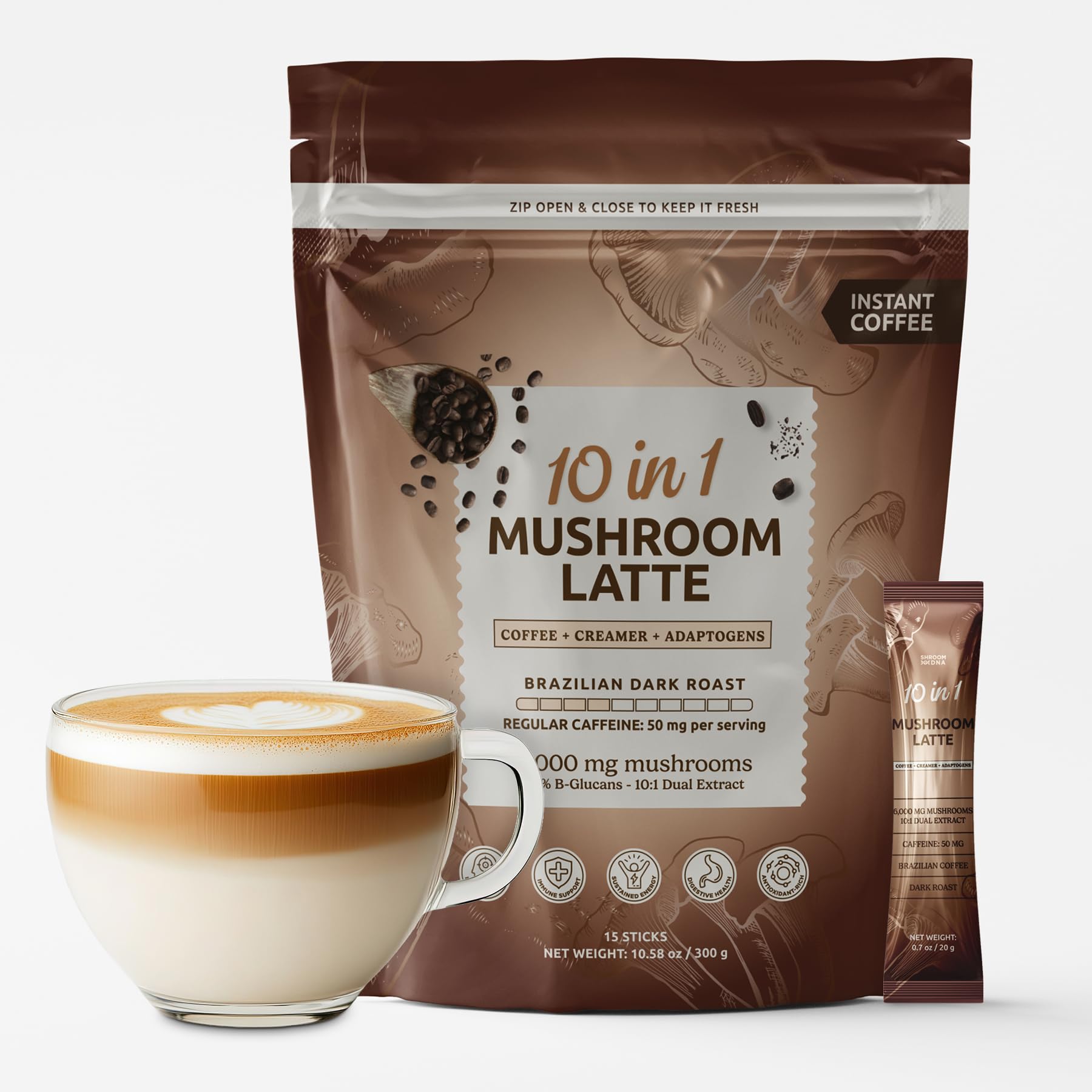10-in-1 Instant Mushroom Coffee Cappuccino - Brazilian Dark Roast Mushroom Coffee Instant - Mushrooms Cappuccino Drink Blend With Lions Mane, Reishi, Chaga, 15 Packets - Serve Hot Or Iced