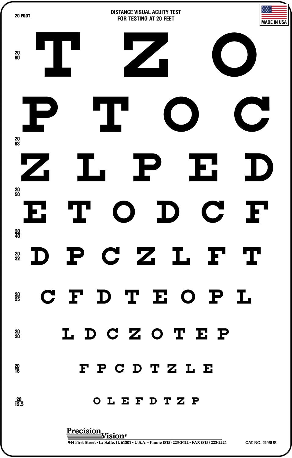 Precision Vision Snellen Vision Eye Test Chart 20 Ft (6 Meter) Distance
