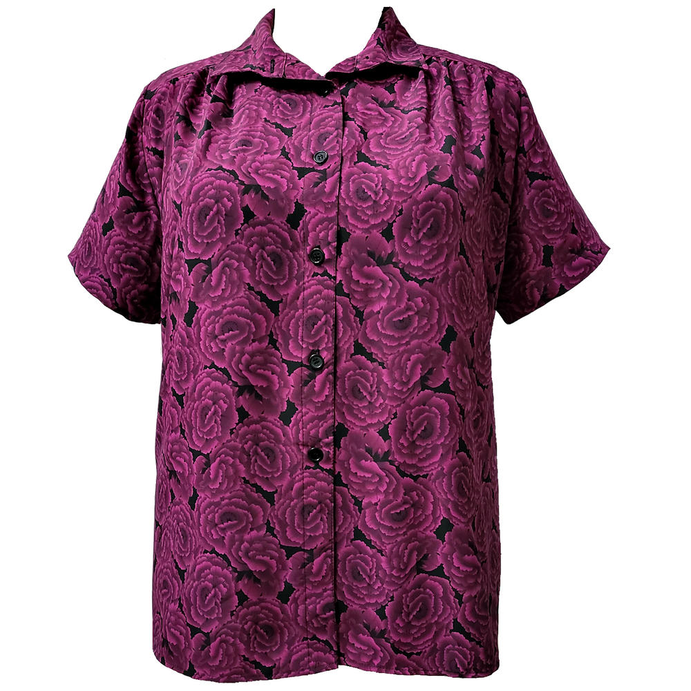 A Personal Touch Women's Plus Size Short Sleeve Button Front Tunic with Shirring - Fuchsia Flo