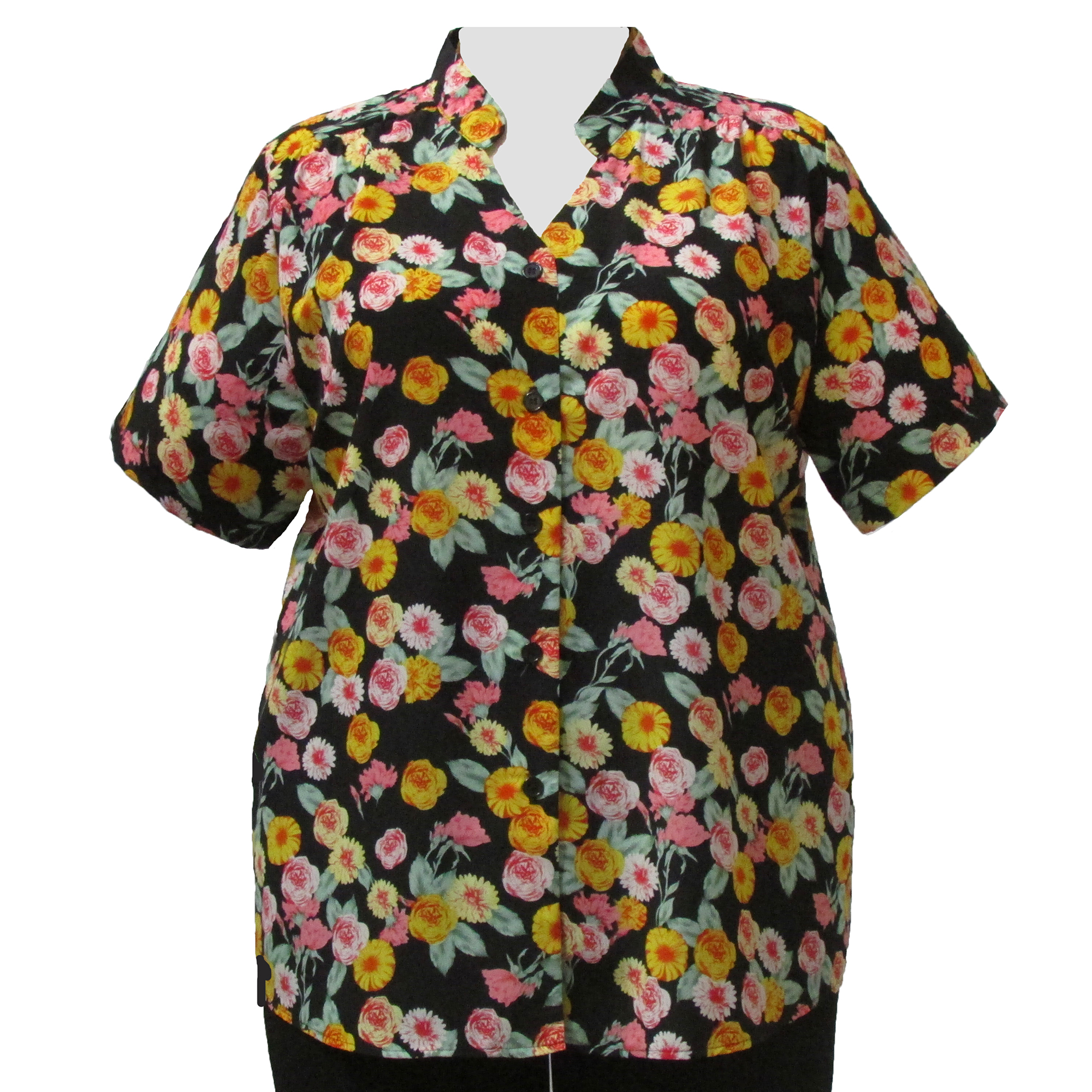 A Personal Touch Chrysanthemum Bouquet Mandarin Collar V-Neck Tunic Plus Size Woman's Blouse