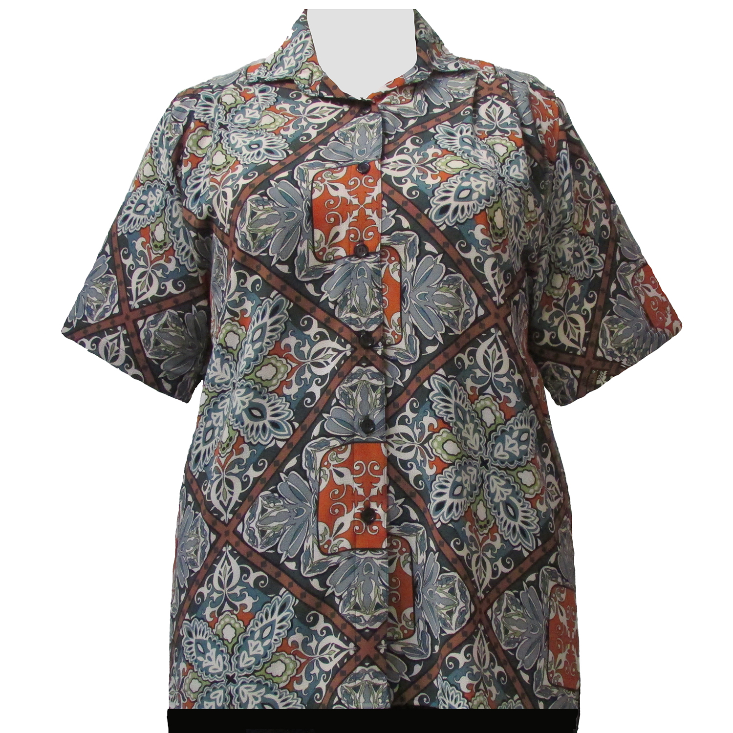 A Personal Touch Green Tapestry Short Sleeve Tunic Plus Size Women's Blouse