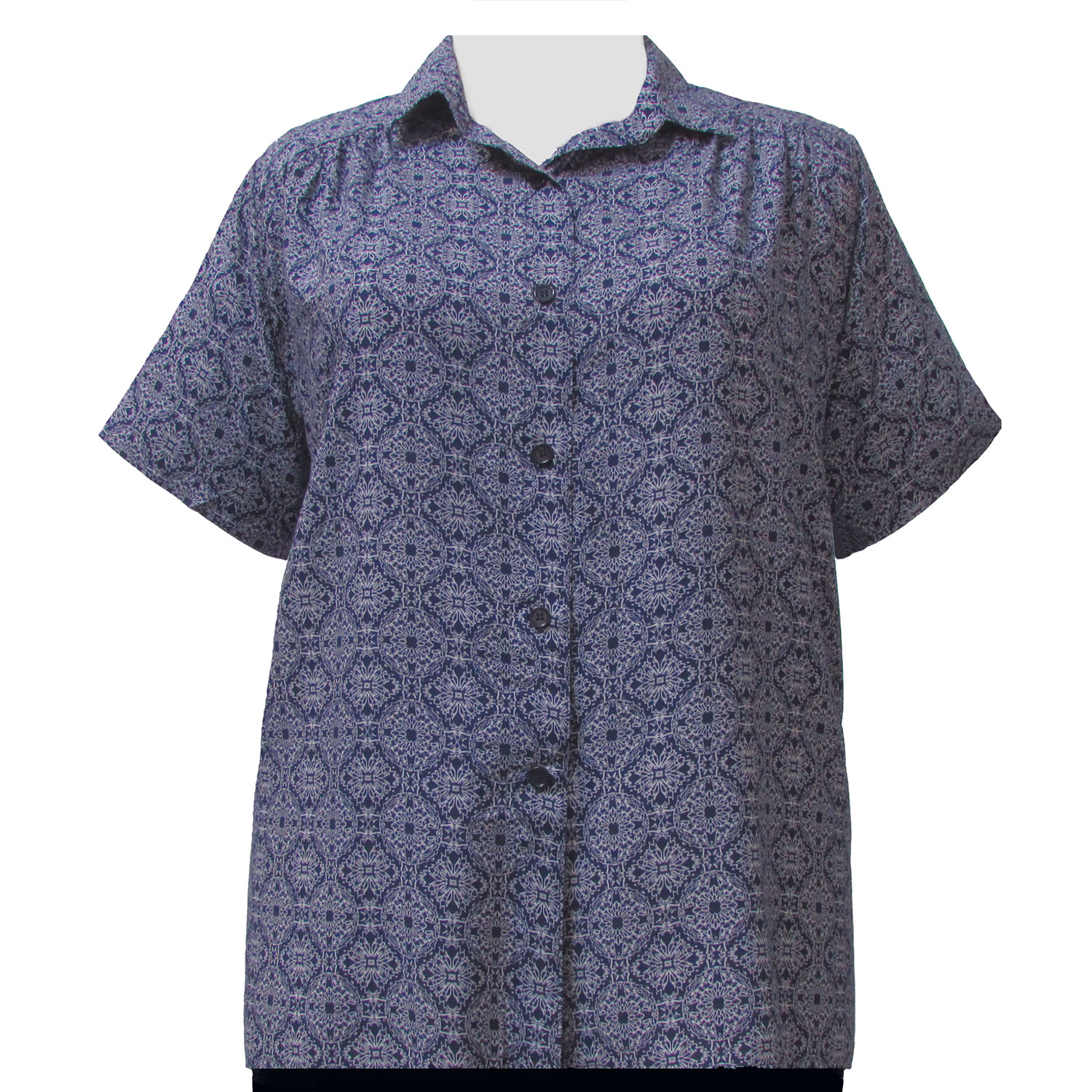 A Personal Touch Navy Spirograph Short Sleeve Tunic with Shirring Plus Size Woman's Blouse