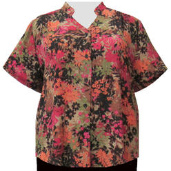 A Personal Touch Women's Plus Size Short Sleeve Mandarin Collar V-Neck Button-Front Blouse with Shirring Spice Wildflowers