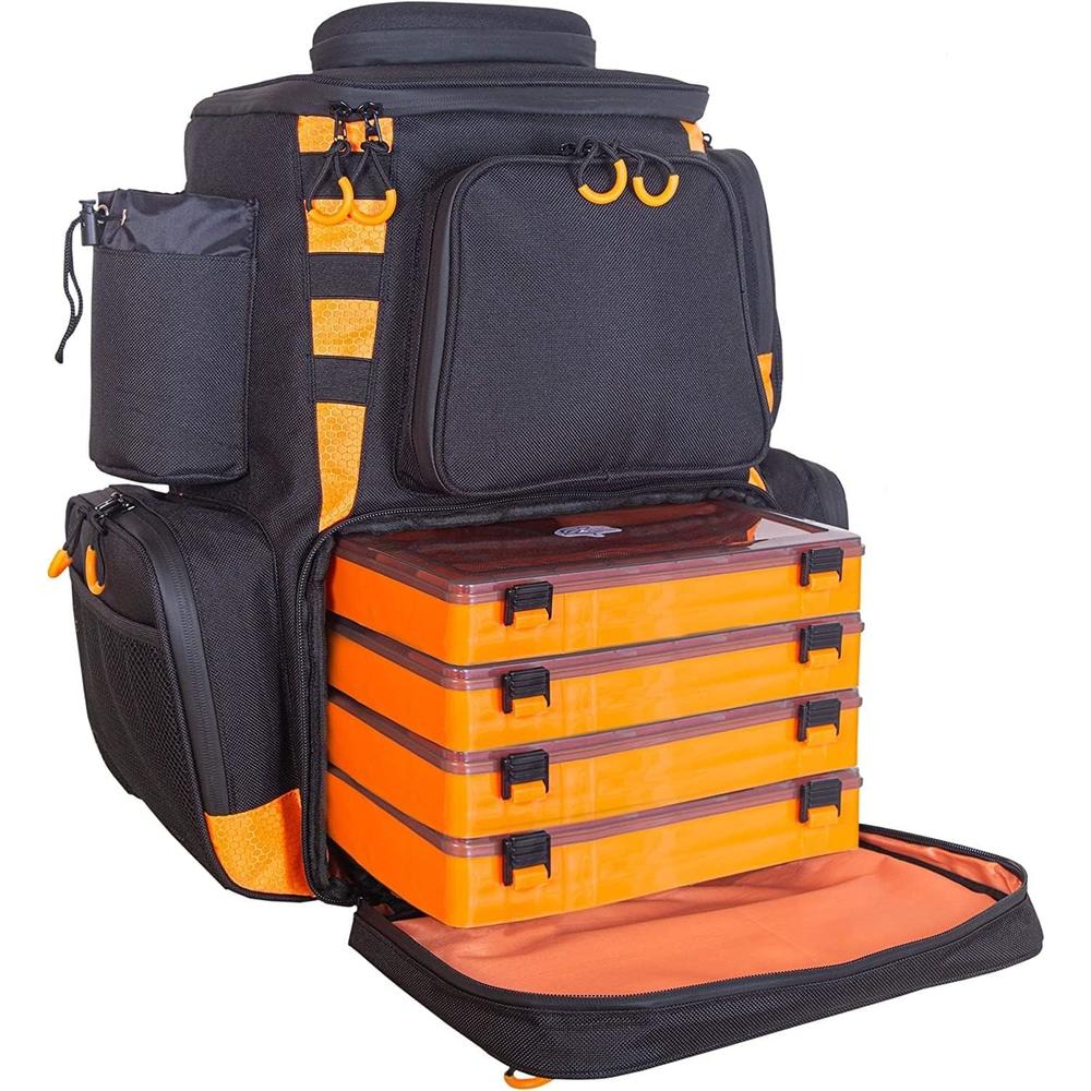 Amber Sporting Goods Fishing Backpack: Waterproof Tackle Bag, Rain Cover, 4 Boxes, Stainless Steel Pliers, Lanyard