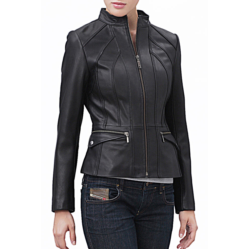 BGSD Women's Seamed Lambskin Leather Scuba Jacket - Plus Size