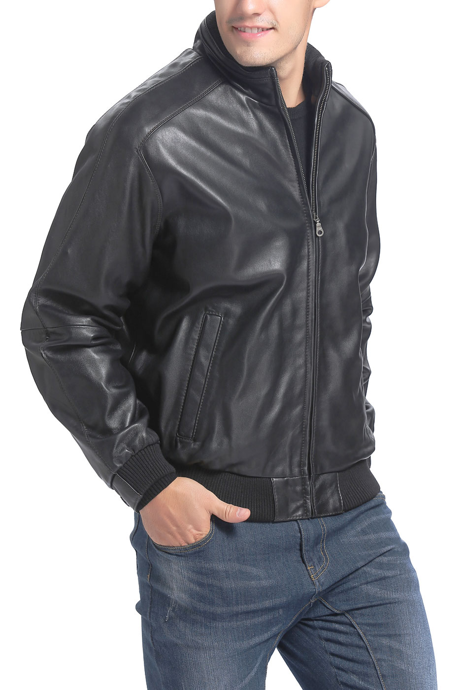 BGSD Men's City Lambskin Leather Bomber Jacket - Big and Tall