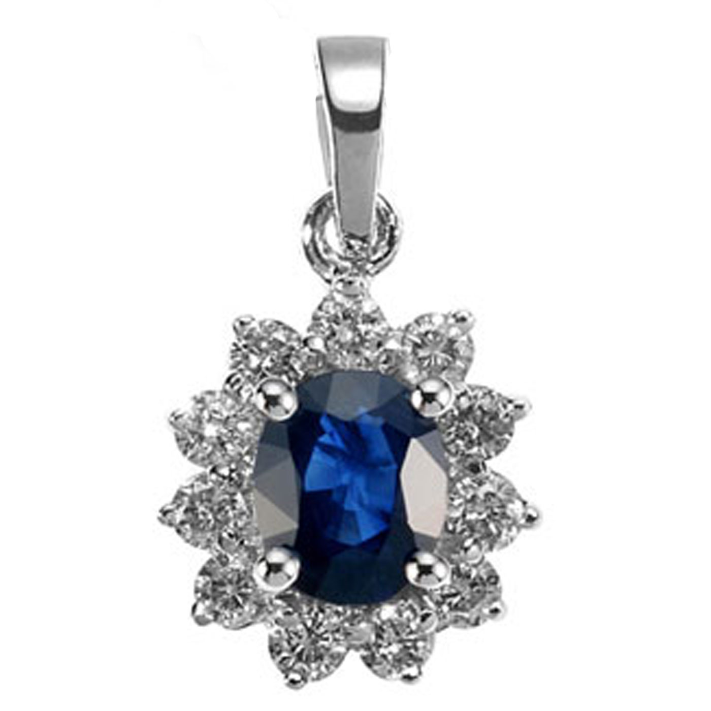 Luxury Lane 18k White Gold Genuine Oval Blue Sapphire and Diamond Flower Pendant 