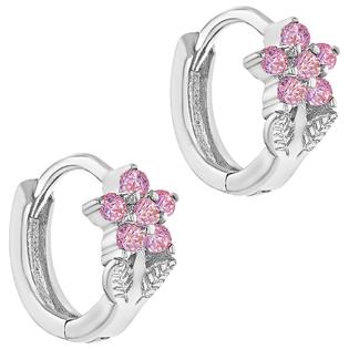 In Season Jewelry Rhodium Plated Pink Crystal Flower Hoop Earrings for