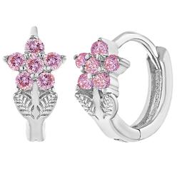 In Season Jewelry Rhodium Plated Pink Crystal  Flower Hoop Earrings for Girls