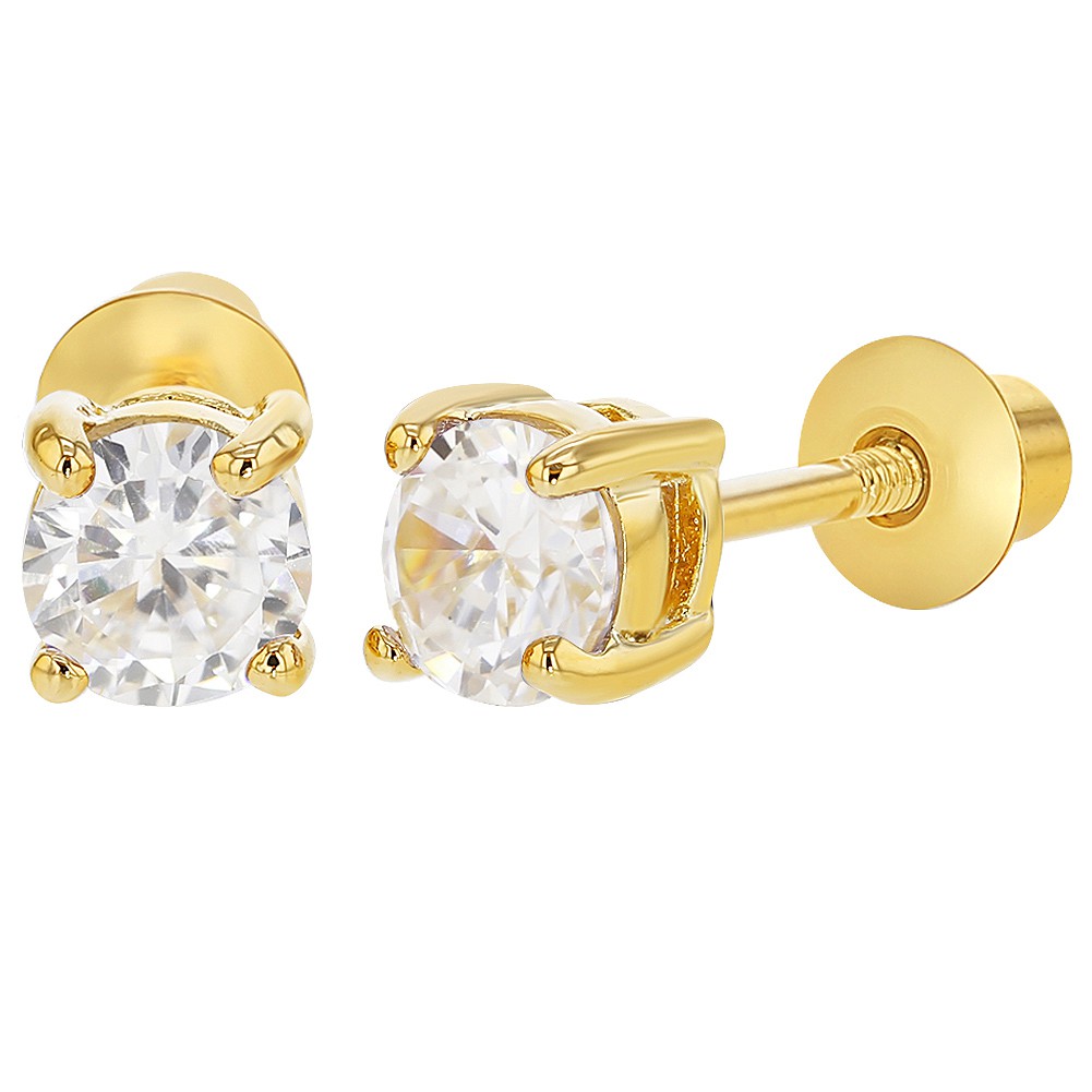 In Season Jewelry 18k Gold Plated April Clear CZ Screw Back Earrings 3mm for Baby Girls