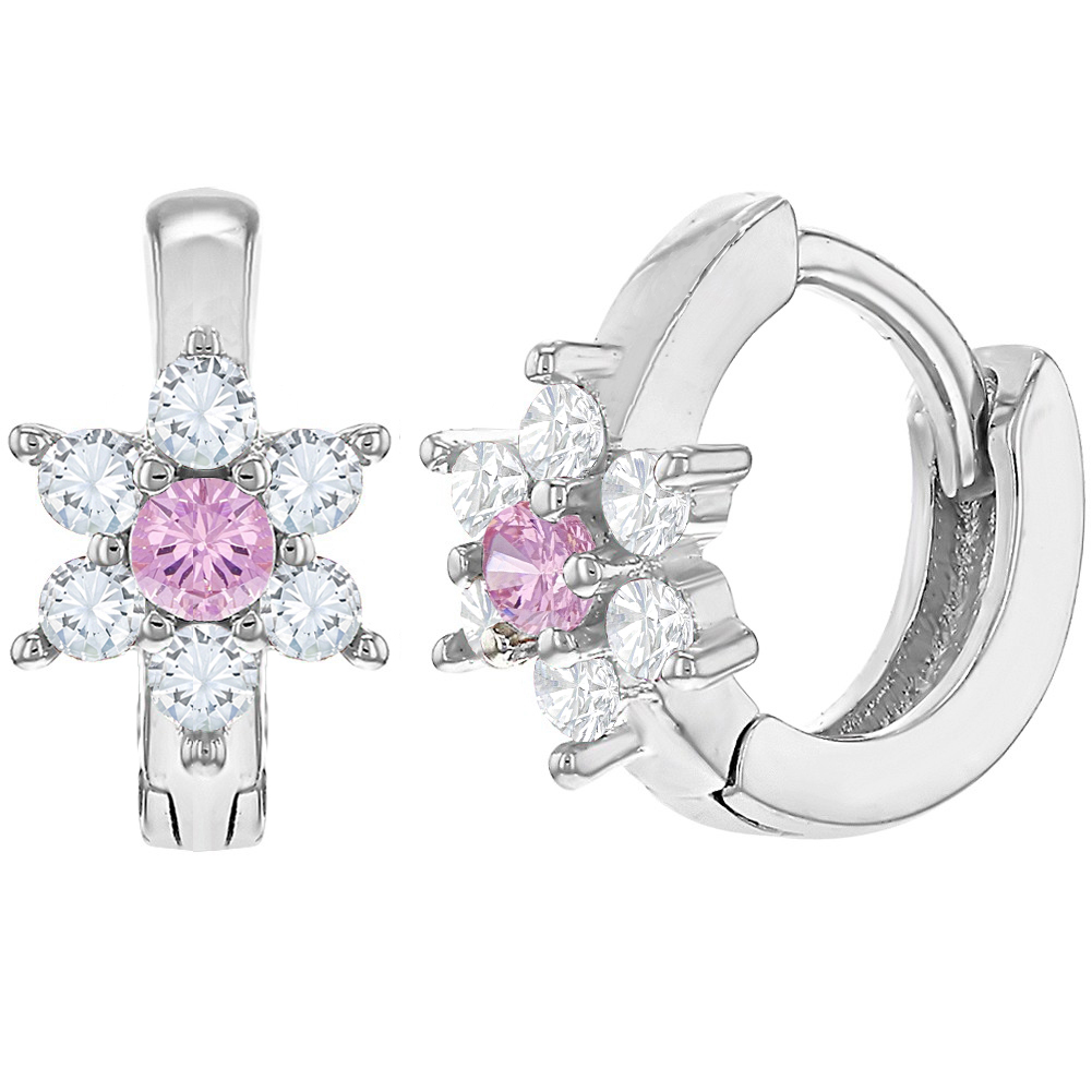 In Season Jewelry 925 Sterling Silver Clear Pink CZ Tiny Baby Girls Flower Hoop Huggie Earrings 0.27"