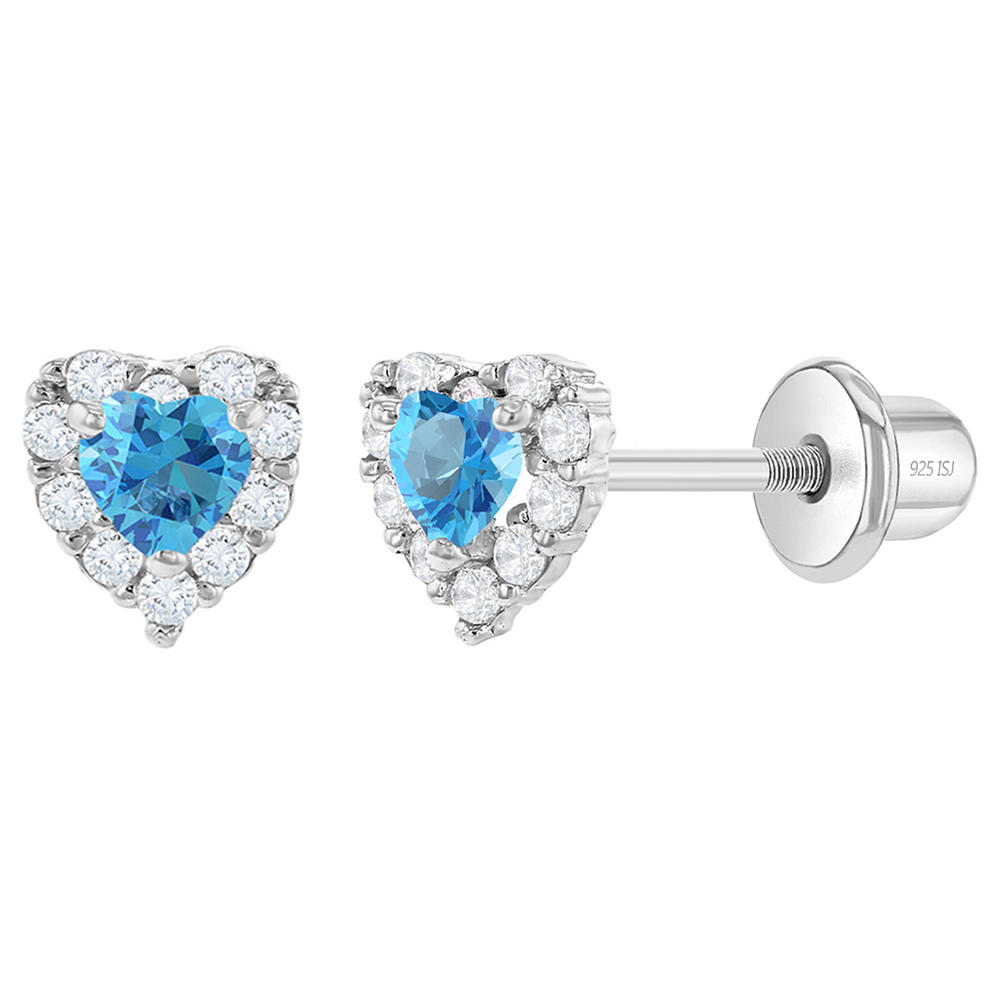 In Season Jewelry 925 Sterling Silver 5mm Blue & Clear CZ Heart Toddler Girls Screw Back Earrings