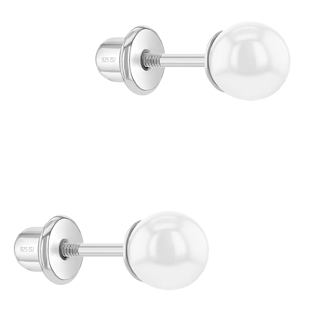 In Season Jewelry 925 Sterling Silver Classic 5mm Simulated Pearl Toddler Earrings with Screw Backs - Fits Toddler & Little Girls