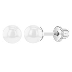 In Season Jewelry 925 Sterling Silver Classic 5mm Simulated Pearl Toddler Earrings with Screw Backs - Fits Toddler & Little Girls