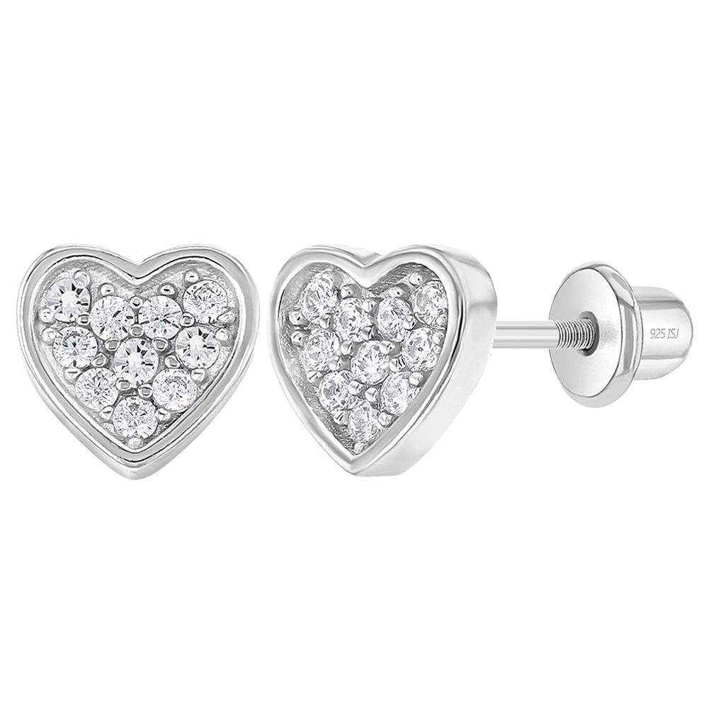 In Season Jewelry 925 Sterling Silver Clear Pave CZ Heart Screw Back Earrings Babies Infants Girls