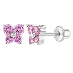In Season Jewelry Rhodium Plated Pink Crystal Butterfly Screw Back Earrings Baby Girl Infants 5mm