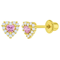 In Season Jewelry 18k Yellow Gold Plated Heart Clear & Pink Crystals Toddler Screw Back Earrings