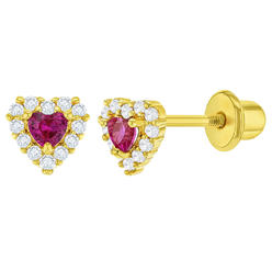 In Season Jewelry 18k Gold Plated Heart Screw Back Earrings Baby Toddlers Girls Hot Pink Clear CZ