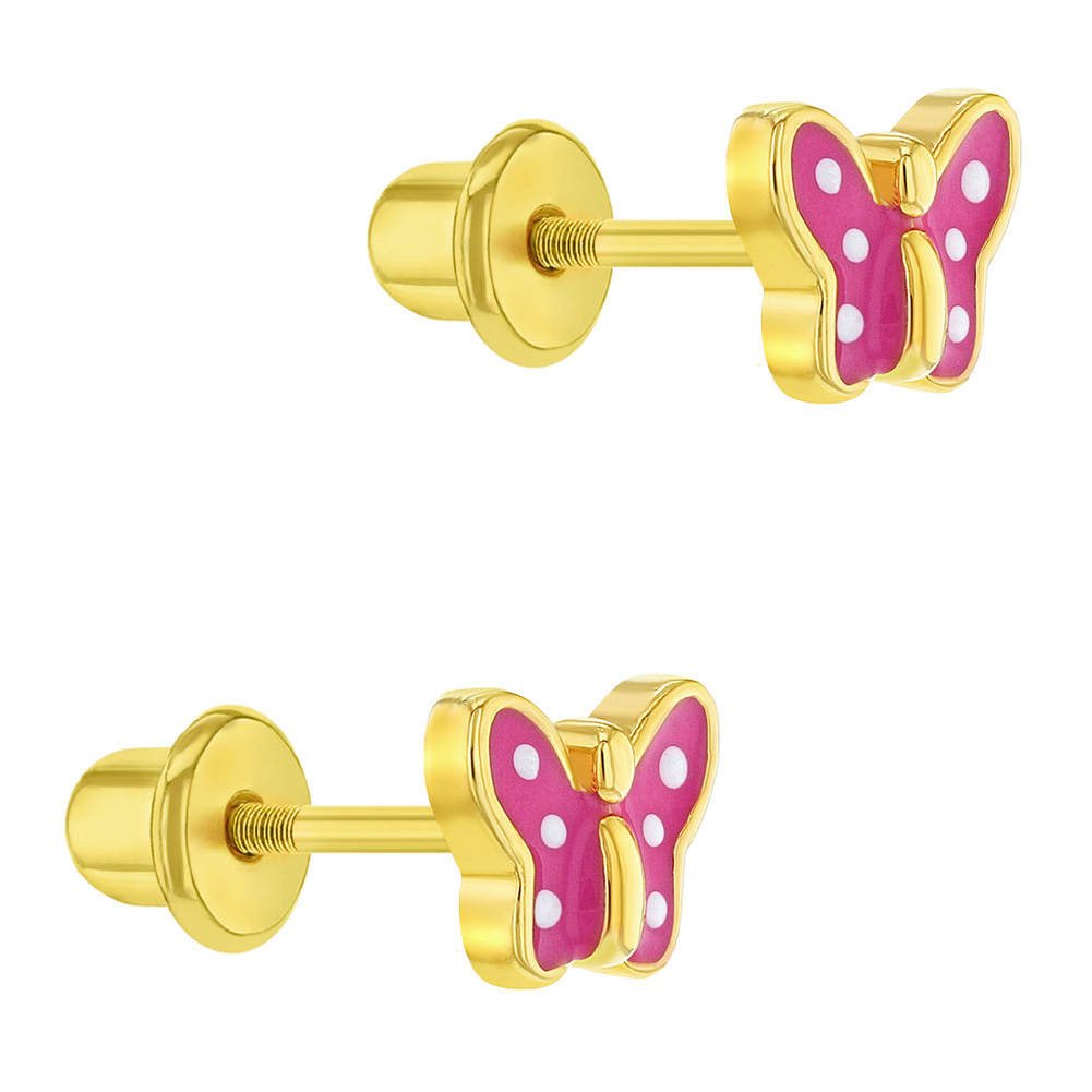 In Season Jewelry 18k Gold Plated Pink Polka Dot Butterfly Baby Children Screw Back Earrings 4mm